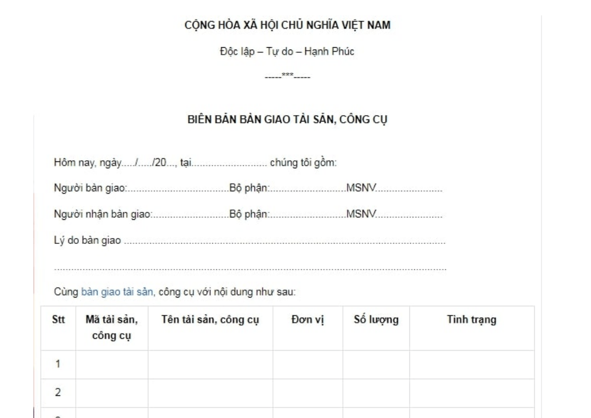 Biên bản giao nhận