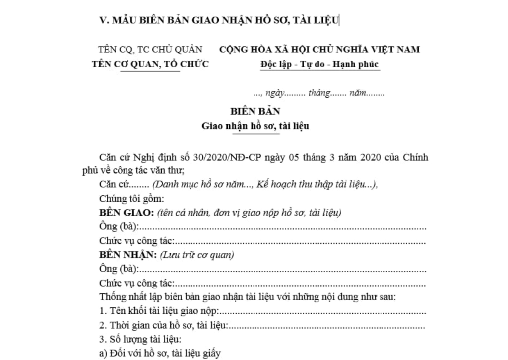 Mẫu bản giao nhận hồ sơ, tài liệu và chứng từ