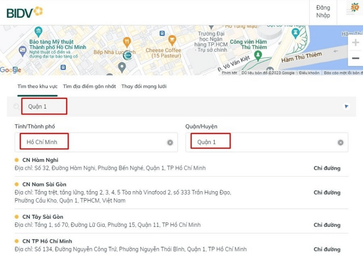Tra cứu chi nhánh ngân hàng BIDV