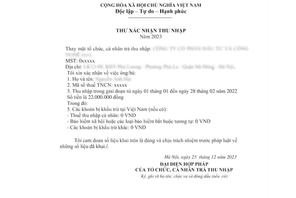 Mẫu xác nhận thu nhập cá nhân